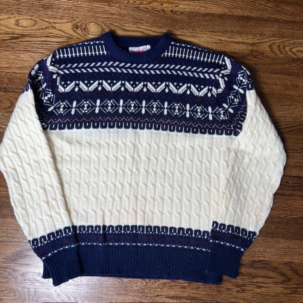 VTG 1166 Collection Cableknit Fair Isle Pullover Sweater Mens XL Blue Cream